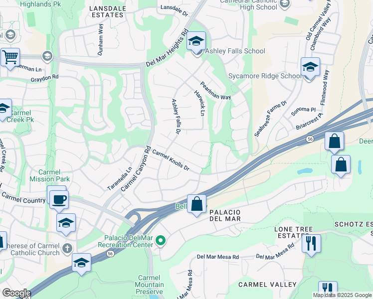 map of restaurants, bars, coffee shops, grocery stores, and more near Grand Del Mar Court in San Diego