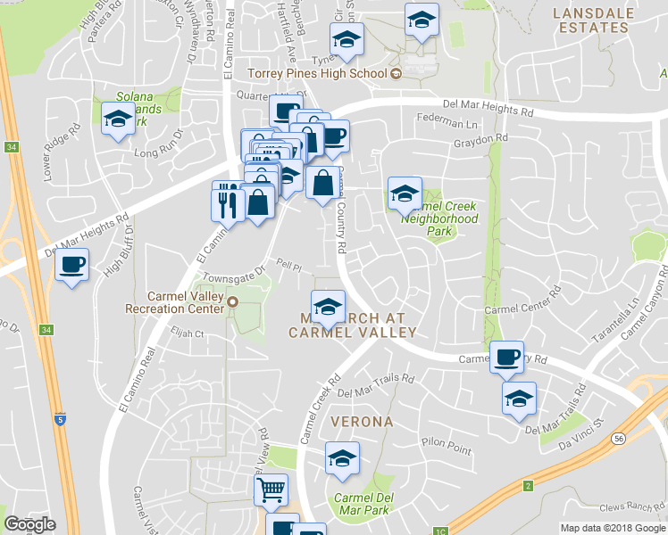 map of restaurants, bars, coffee shops, grocery stores, and more near 12614 Carmel Country Road in San Diego