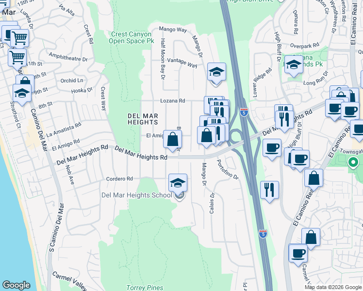 map of restaurants, bars, coffee shops, grocery stores, and more near 13816 Mira Montana Drive in Del Mar