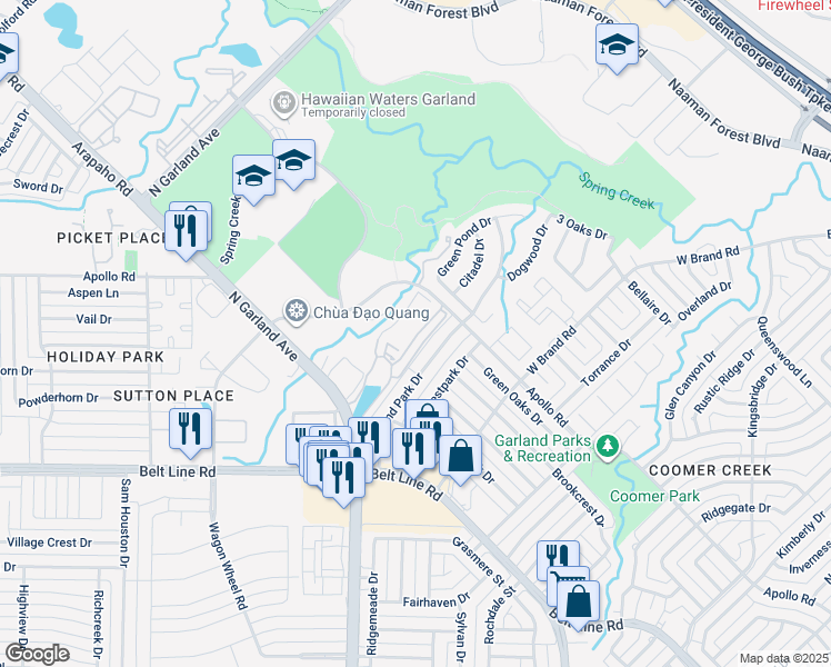 map of restaurants, bars, coffee shops, grocery stores, and more near 1 America Drive in Garland