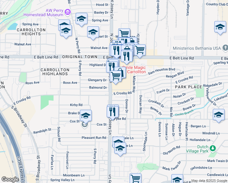 map of restaurants, bars, coffee shops, grocery stores, and more near 1904 East Crosby Road in Carrollton
