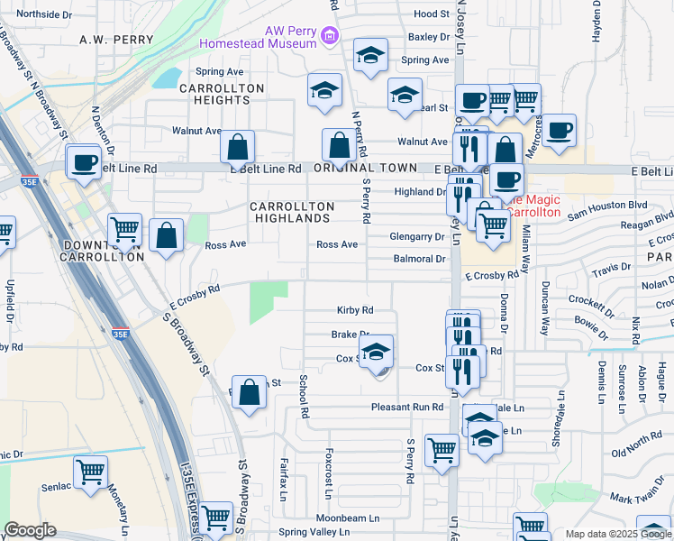 map of restaurants, bars, coffee shops, grocery stores, and more near 1720 East Crosby Road in Carrollton