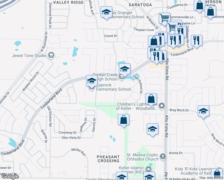 map of restaurants, bars, coffee shops, grocery stores, and more near 461 Ridgeview Circle in Fort Worth