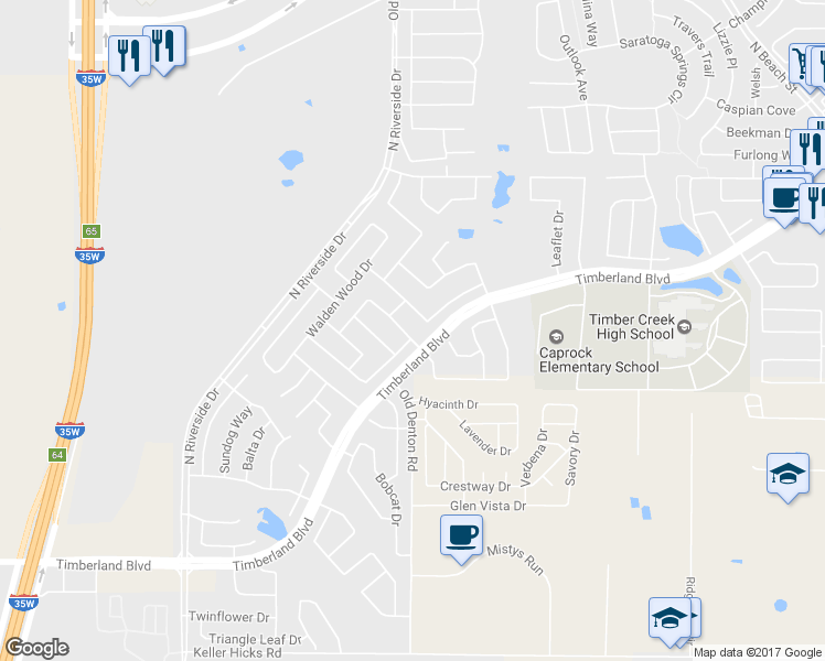 map of restaurants, bars, coffee shops, grocery stores, and more near 2933 Spotted Owl Drive in Fort Worth