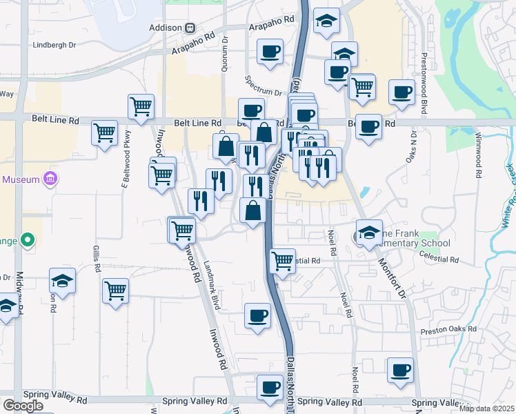 map of restaurants, bars, coffee shops, grocery stores, and more near 14841 Dallas Parkway in Dallas
