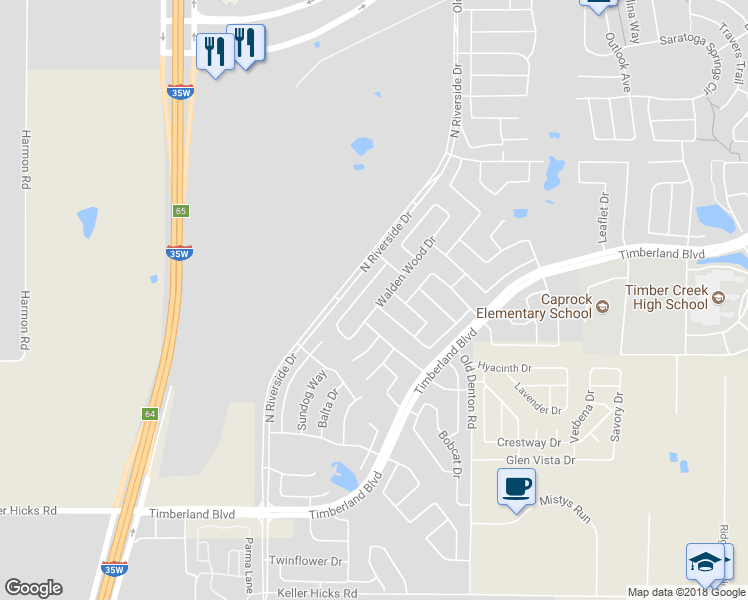 map of restaurants, bars, coffee shops, grocery stores, and more near 12105 Walden Wood Drive in Fort Worth