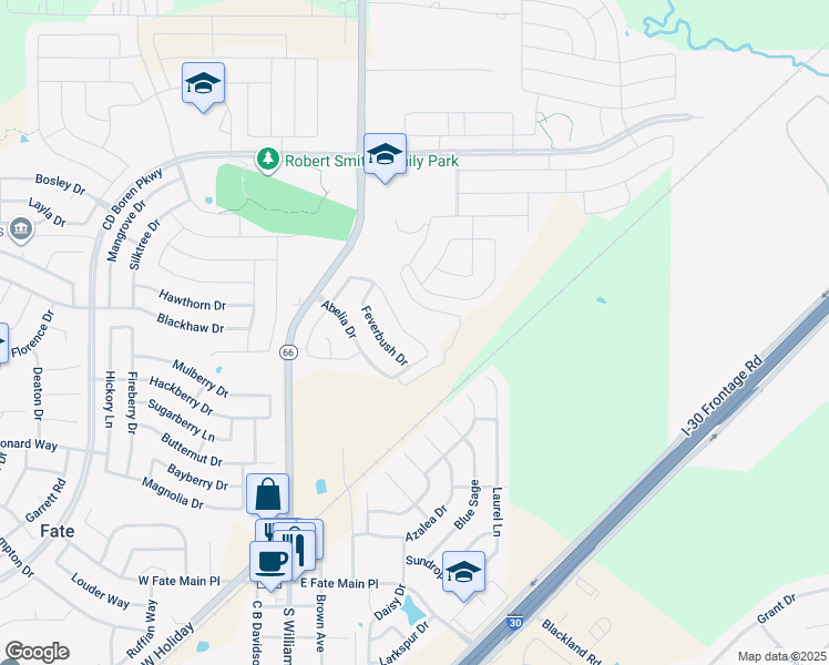 map of restaurants, bars, coffee shops, grocery stores, and more near 105 Waxberry Drive in Fate