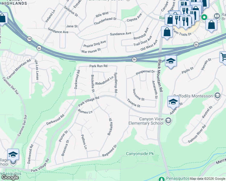 map of restaurants, bars, coffee shops, grocery stores, and more near 8784 Ginger Snap Lane in San Diego