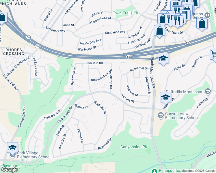 map of restaurants, bars, coffee shops, grocery stores, and more near 8784 Ginger Snap Lane in San Diego