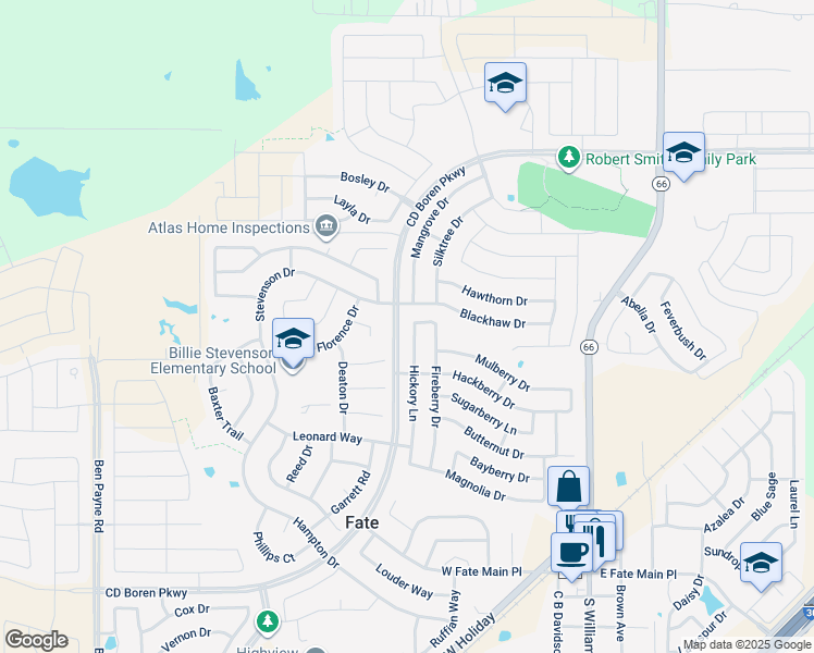 map of restaurants, bars, coffee shops, grocery stores, and more near 721 Hickory Lane in Rockwall