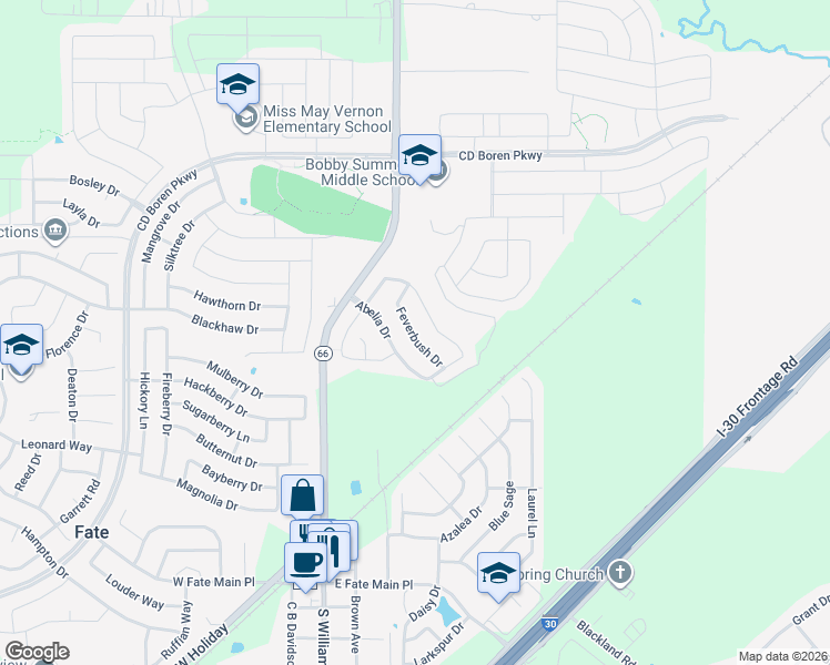 map of restaurants, bars, coffee shops, grocery stores, and more near 113 Feverbush Drive in Rockwall