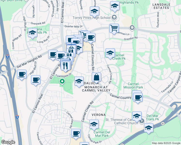 map of restaurants, bars, coffee shops, grocery stores, and more near 3754 Mykonos Lane in San Diego