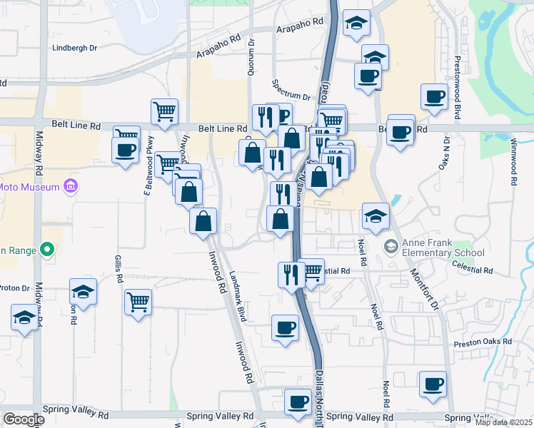 map of restaurants, bars, coffee shops, grocery stores, and more near 14850 Quorum Drive in Dallas
