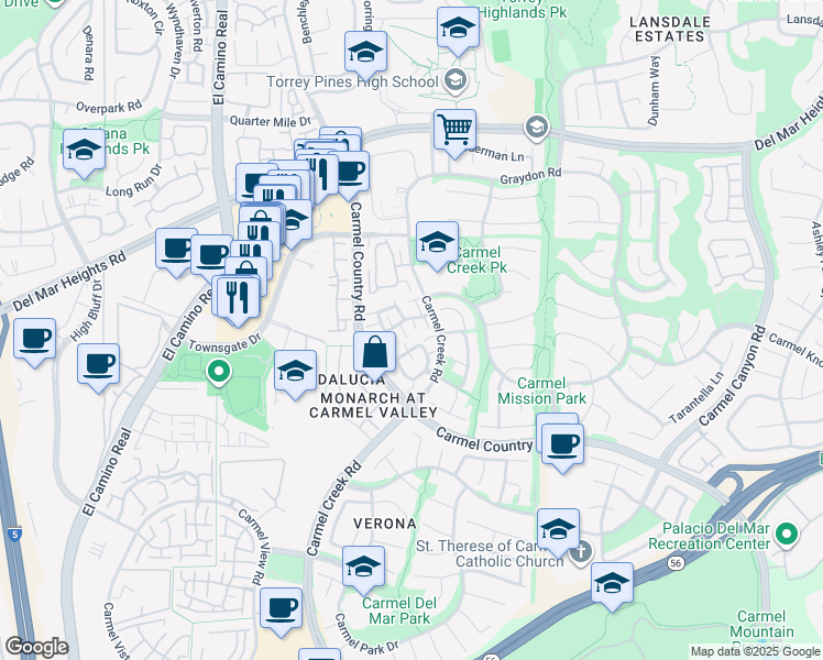 map of restaurants, bars, coffee shops, grocery stores, and more near 12770 Via Terceto in San Diego