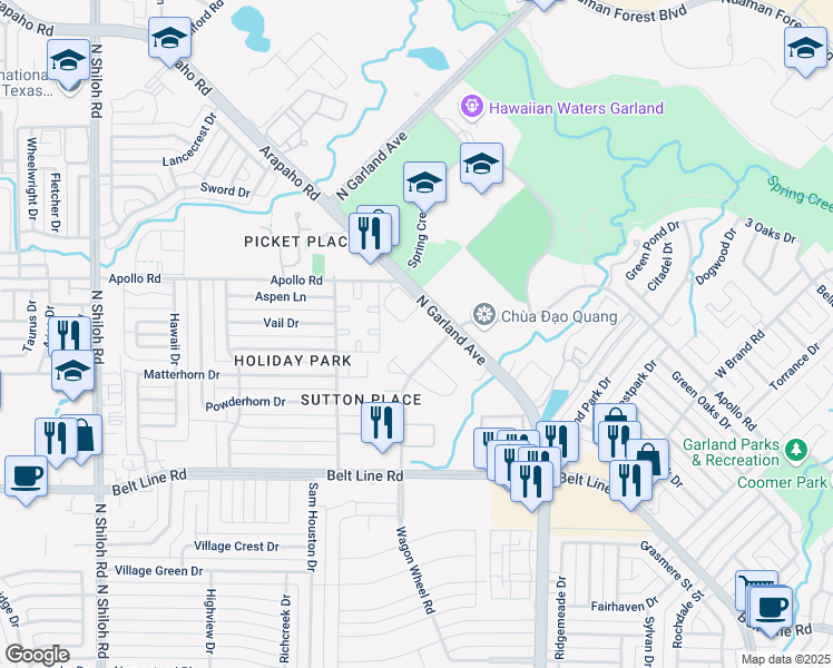 map of restaurants, bars, coffee shops, grocery stores, and more near 3533 Mustang Ridge Road in Garland