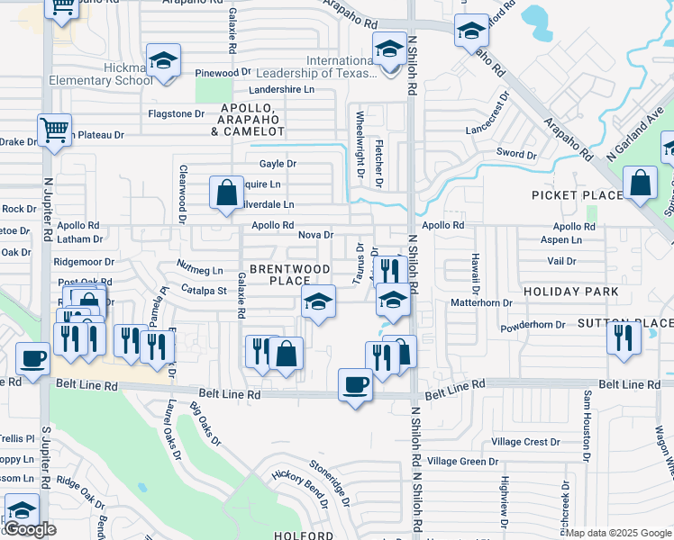 map of restaurants, bars, coffee shops, grocery stores, and more near 3401 Taurus Drive in Garland