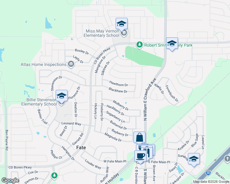 map of restaurants, bars, coffee shops, grocery stores, and more near 313 Blackhaw Drive in Rockwall