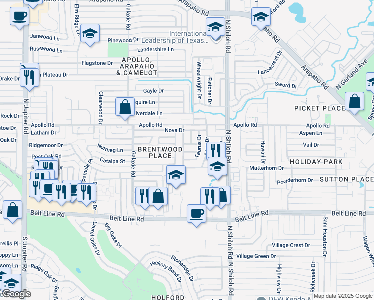 map of restaurants, bars, coffee shops, grocery stores, and more near 3401 Taurus Drive in Garland