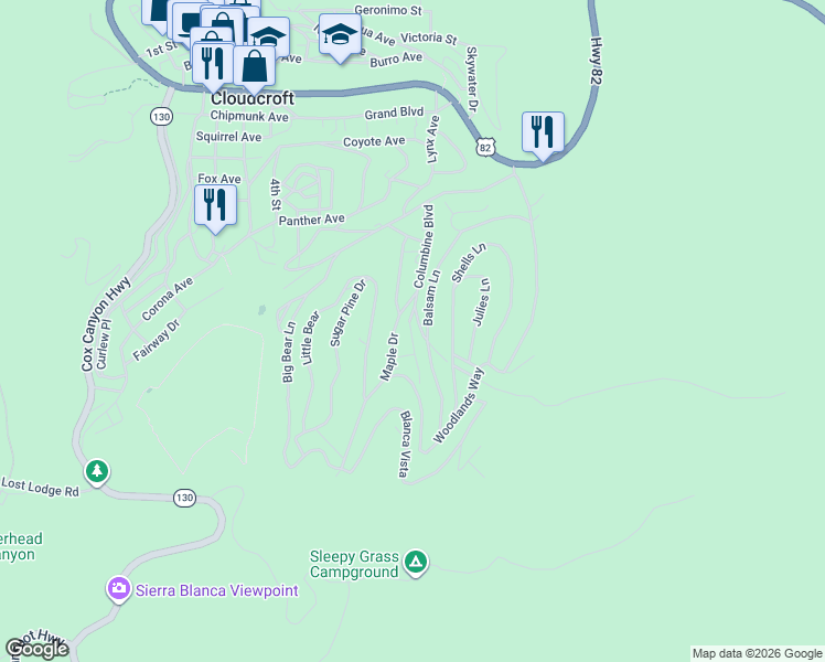 map of restaurants, bars, coffee shops, grocery stores, and more near 900-904 Aspen Drive in Cloudcroft