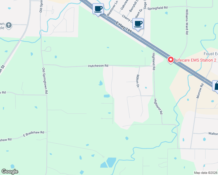map of restaurants, bars, coffee shops, grocery stores, and more near 207 Billie Howard Court in Springtown