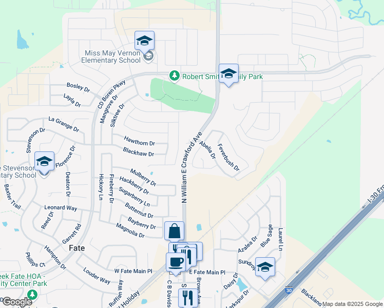 map of restaurants, bars, coffee shops, grocery stores, and more near 215 Citrus Drive in Royse City