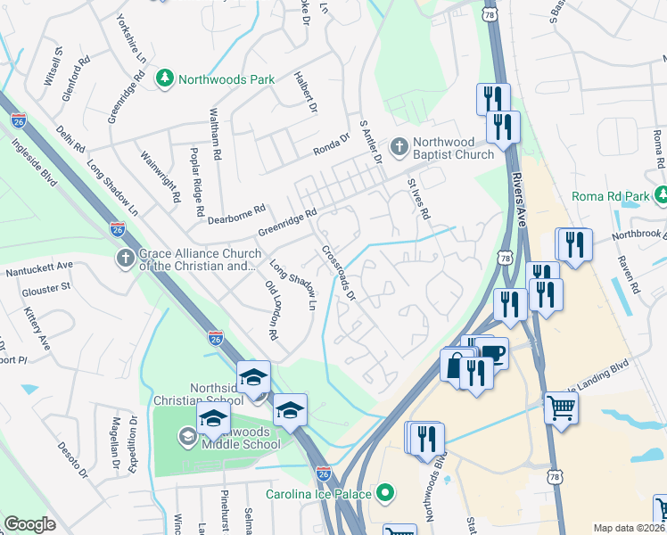 map of restaurants, bars, coffee shops, grocery stores, and more near 2245 Greenridge Road in North Charleston