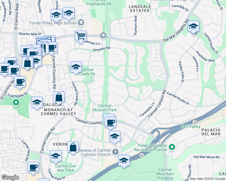 map of restaurants, bars, coffee shops, grocery stores, and more near 4436 Heritage Glen Lane in San Diego