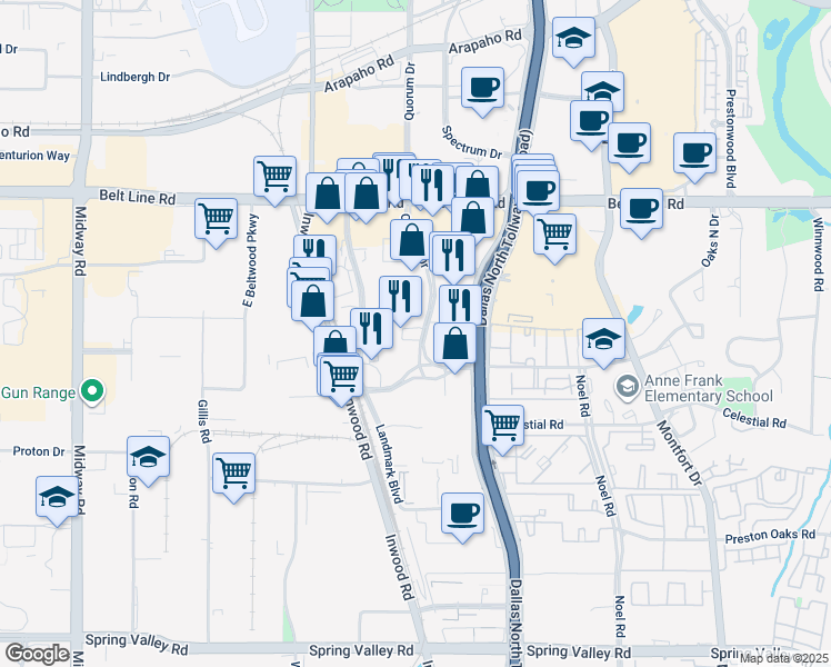 map of restaurants, bars, coffee shops, grocery stores, and more near 14900 Landmark Boulevard in Dallas