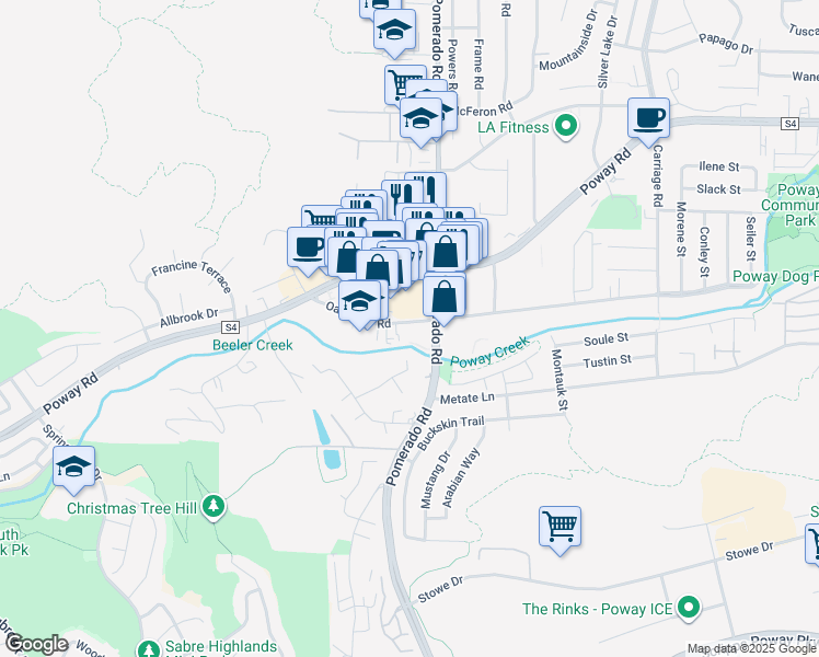 map of restaurants, bars, coffee shops, grocery stores, and more near 12341 Oak Knoll Road in Poway