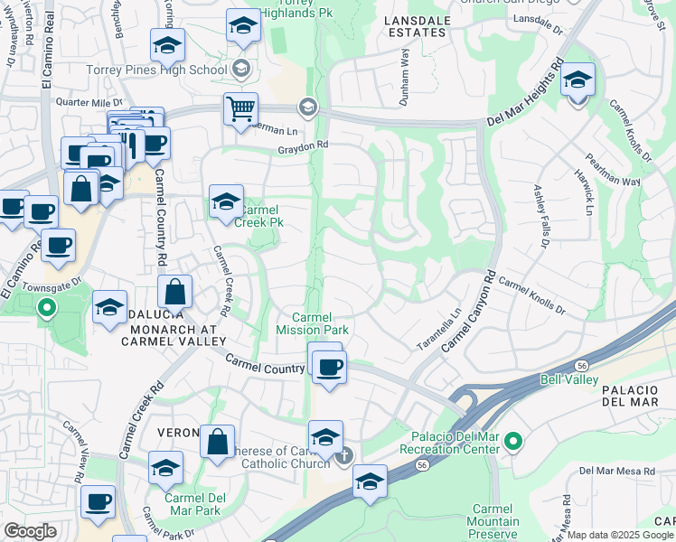 map of restaurants, bars, coffee shops, grocery stores, and more near 4436 Heritage Glen Lane in San Diego