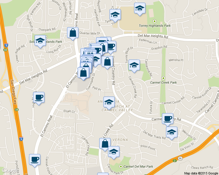 map of restaurants, bars, coffee shops, grocery stores, and more near 12602 Carmel Country Road in San Diego