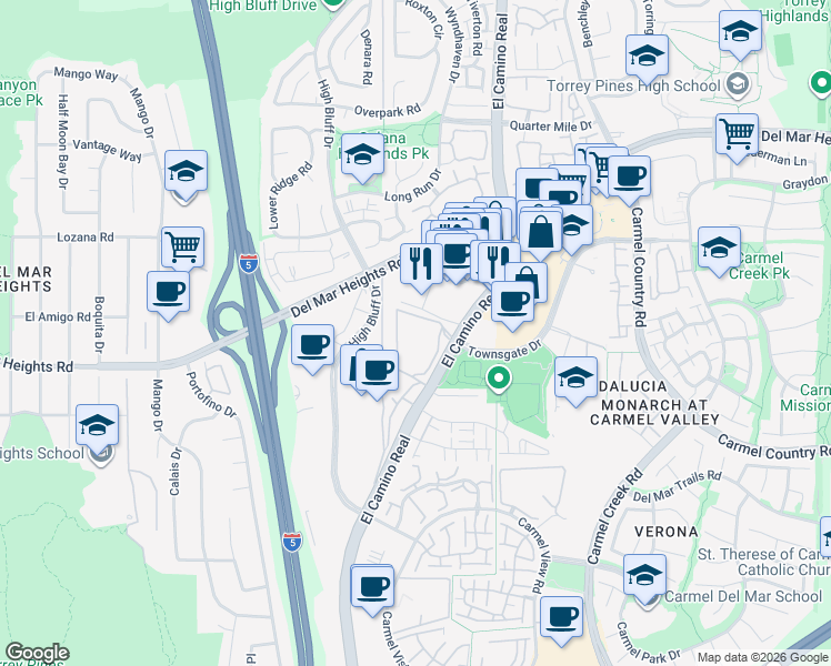 map of restaurants, bars, coffee shops, grocery stores, and more near 3722 Paseo Place in San Diego