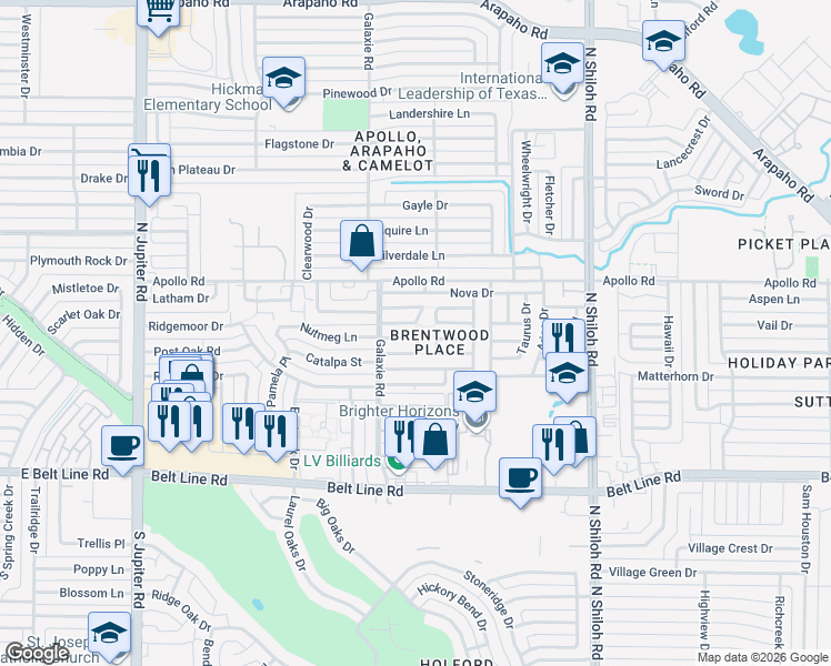 map of restaurants, bars, coffee shops, grocery stores, and more near 2924 Antares Circle in Garland