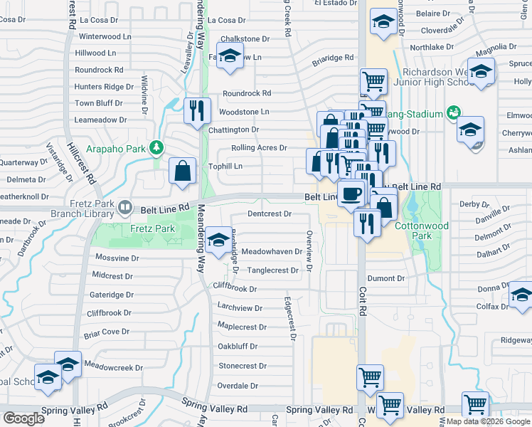 map of restaurants, bars, coffee shops, grocery stores, and more near 7500 Belt Line Road in Dallas