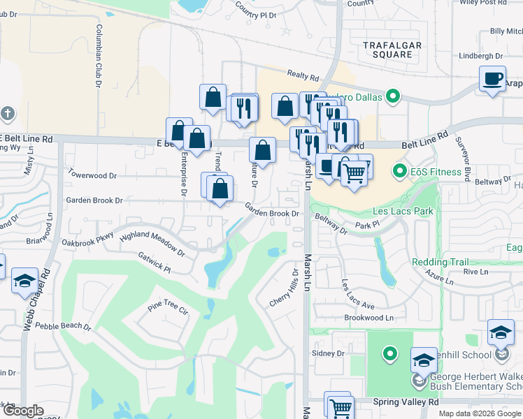 map of restaurants, bars, coffee shops, grocery stores, and more near 14802 Venture Drive in Farmers Branch