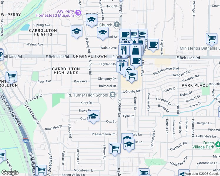 map of restaurants, bars, coffee shops, grocery stores, and more near 1829 Balmoral Drive in Carrollton