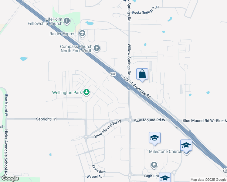 map of restaurants, bars, coffee shops, grocery stores, and more near U.S. 81 Frontage Road in Haslet