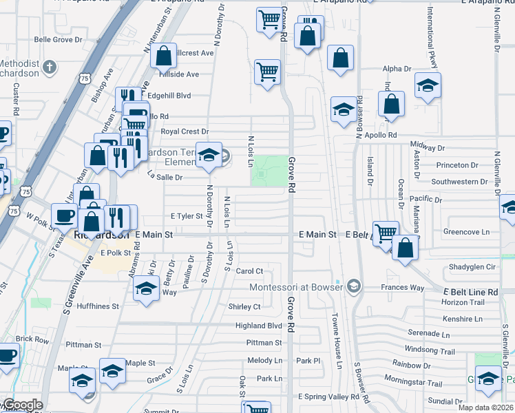 map of restaurants, bars, coffee shops, grocery stores, and more near 520 Fairview Drive in Richardson