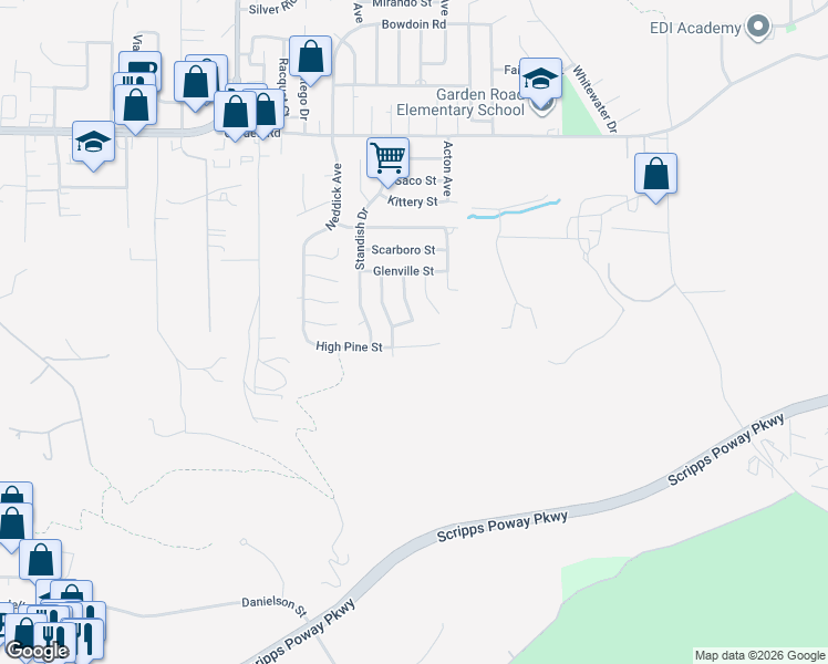map of restaurants, bars, coffee shops, grocery stores, and more near 12901 Margate Avenue in Poway