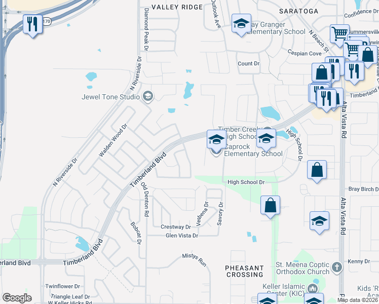 map of restaurants, bars, coffee shops, grocery stores, and more near 3101 Hollow Valley Drive in Fort Worth
