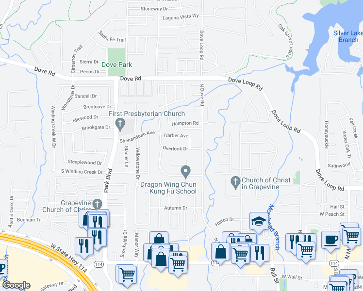 map of restaurants, bars, coffee shops, grocery stores, and more near 1518 Overlook Drive in Grapevine