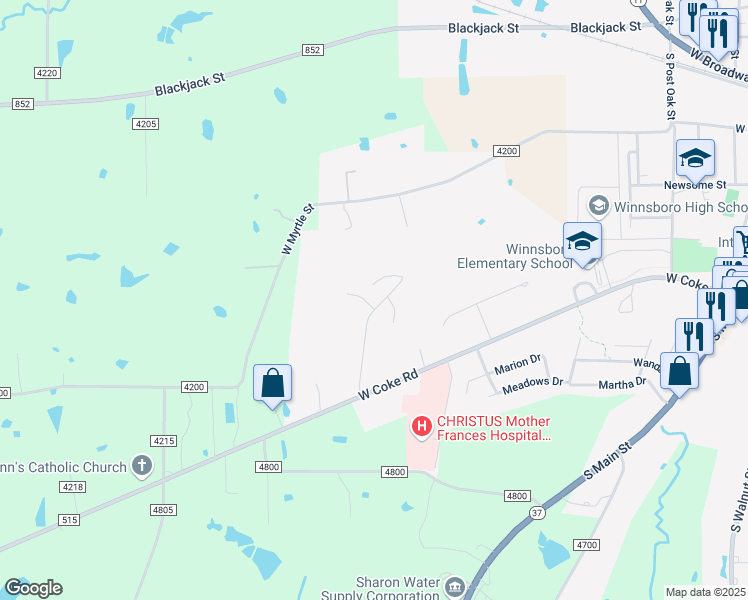 map of restaurants, bars, coffee shops, grocery stores, and more near 824 Jean Ray Court in Winnsboro