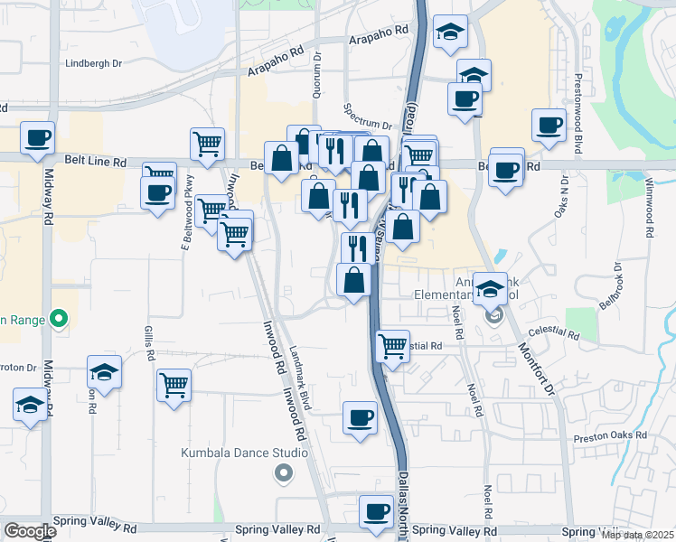 map of restaurants, bars, coffee shops, grocery stores, and more near 14901 Dallas North Tollway in Dallas