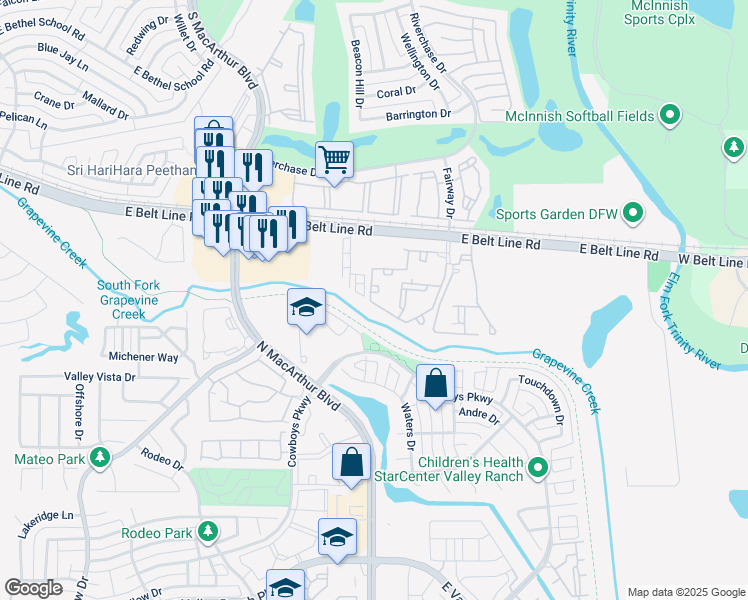 map of restaurants, bars, coffee shops, grocery stores, and more near 1717 East Belt Line Road in Irving