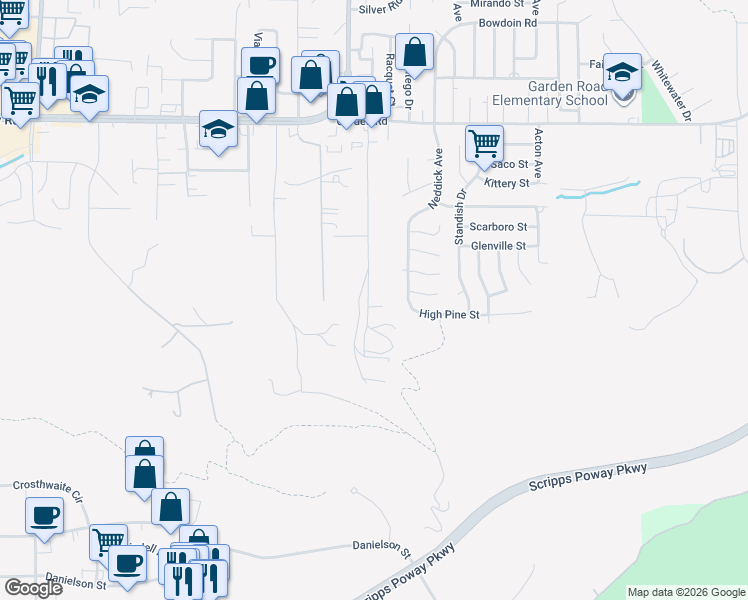 map of restaurants, bars, coffee shops, grocery stores, and more near 12759 Claire Drive in Poway
