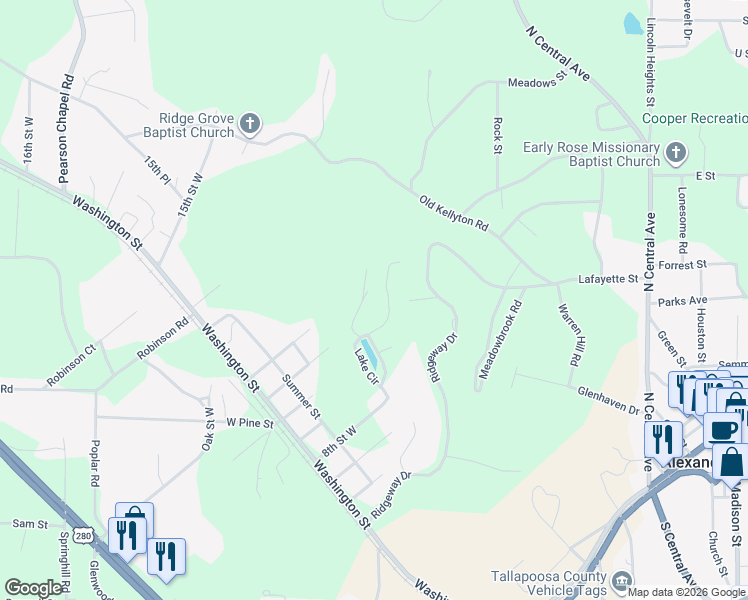 map of restaurants, bars, coffee shops, grocery stores, and more near 592 Ridgeview Drive in Alexander City