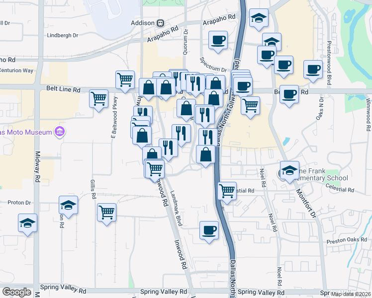 map of restaurants, bars, coffee shops, grocery stores, and more near 14900 Landmark Boulevard in Dallas