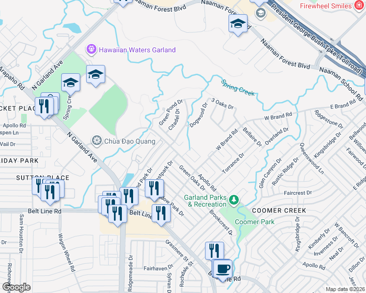 map of restaurants, bars, coffee shops, grocery stores, and more near 3701 Goose Creek Parkway in Garland