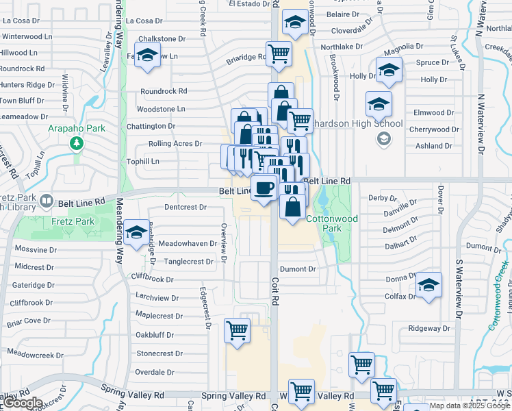 map of restaurants, bars, coffee shops, grocery stores, and more near 305 Spring Creek Village Road in Dallas