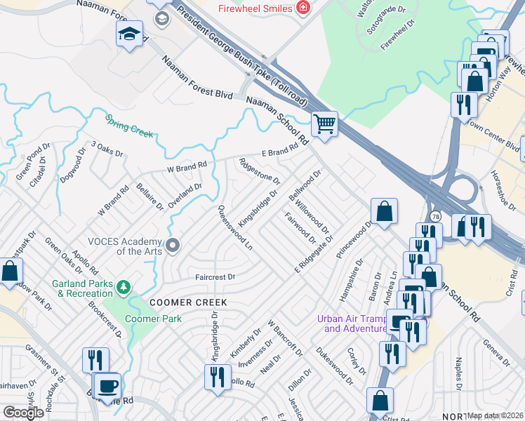 map of restaurants, bars, coffee shops, grocery stores, and more near 123 Kingsbridge Drive in Garland